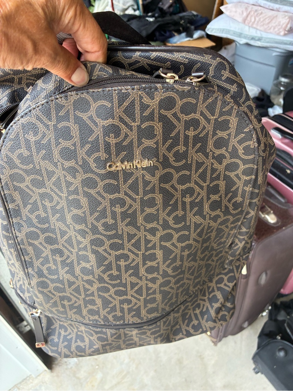 Calvin Klein Brown Monogram Backpack with Gold Logo